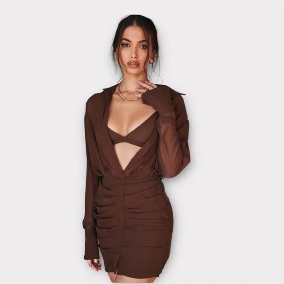 HOUSE of CB Small NWT CLEO Chocolate Chiffon Shirt Dress - Picture 6 of 16